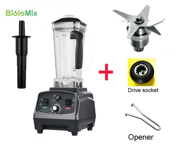 BioloMix blender with black base and 2L BPA-free jar; includes drive socket and opener attachments